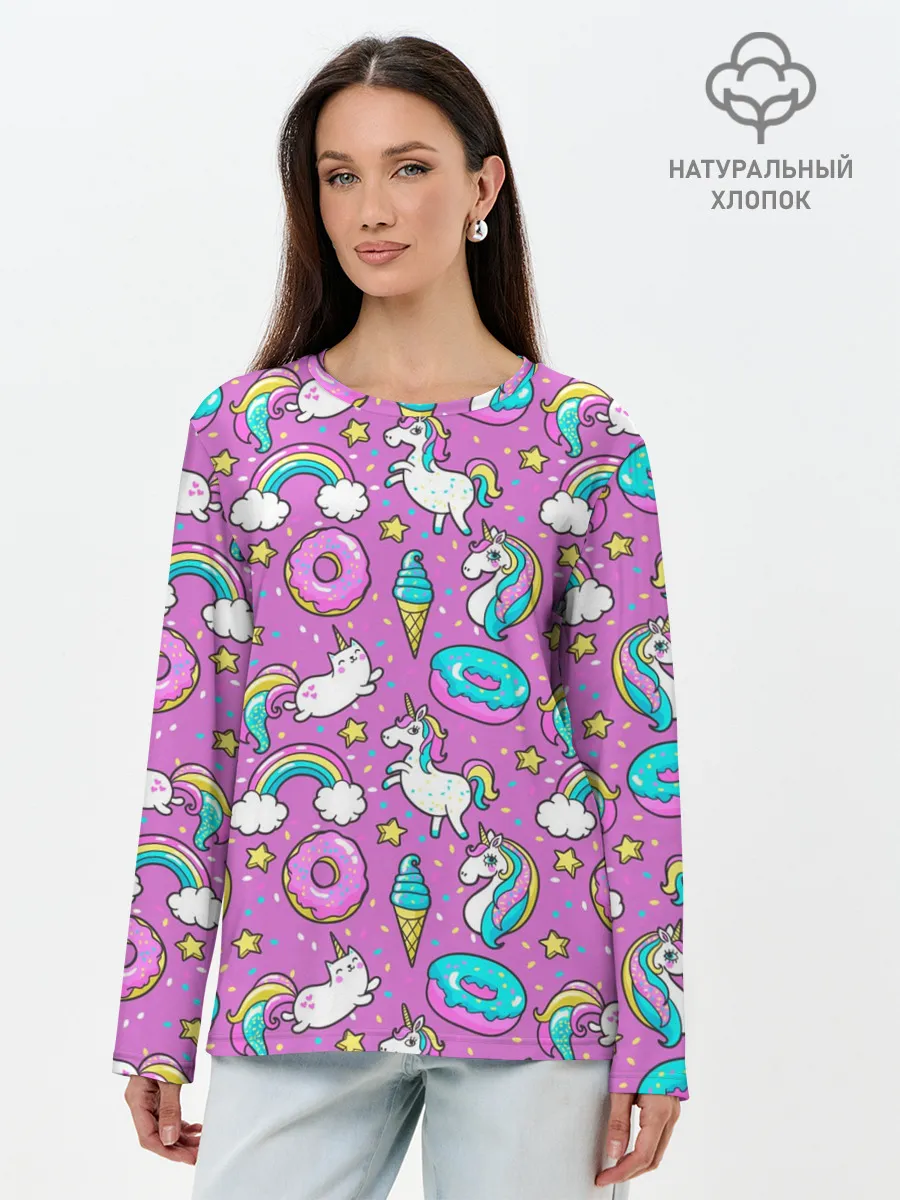 Лонгслив женский. Хлопок / Pink unicorn