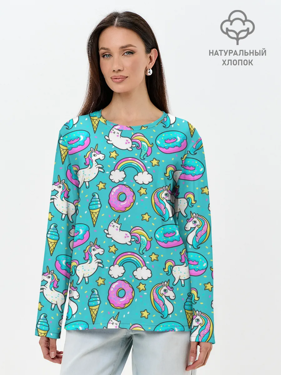 Лонгслив женский. Хлопок / Turquoise unicorn