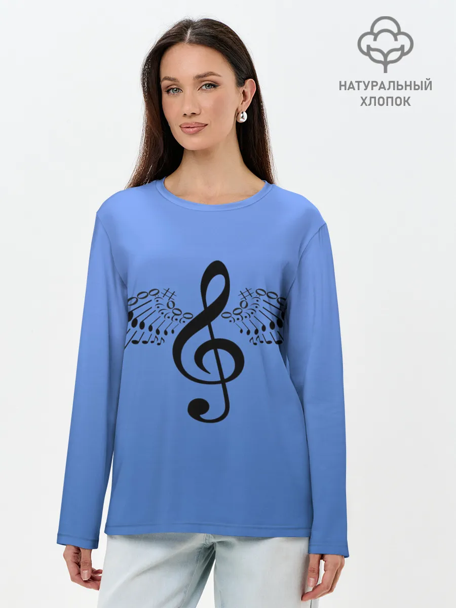 Лонгслив женский. Хлопок / Скрипичный ключ и крылья ноты