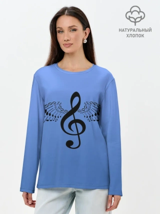 Лонгслив женский. Хлопок / Скрипичный ключ и крылья ноты