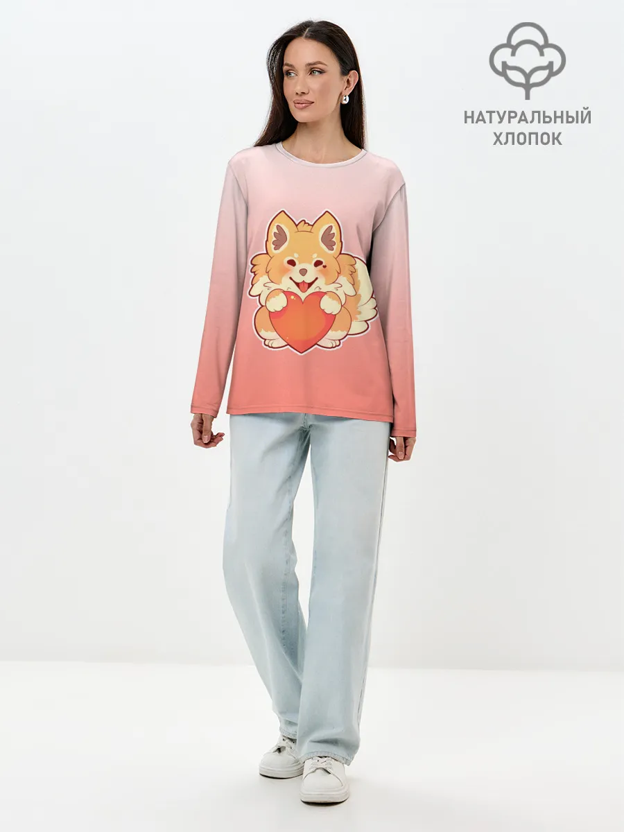 Лонгслив женский. Хлопок / Собака корги сердечко милота