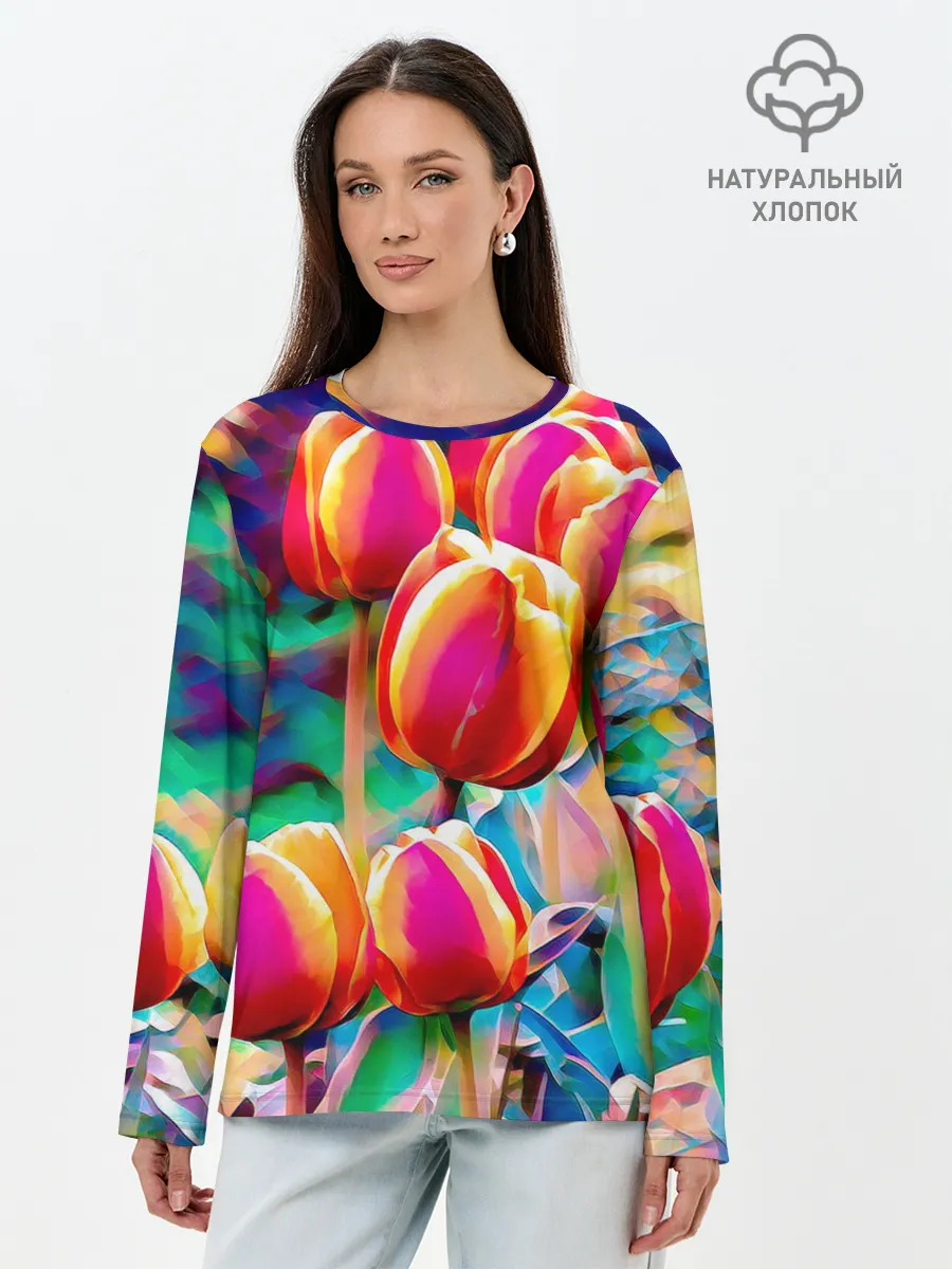 Лонгслив женский. Хлопок / Тюльпаны