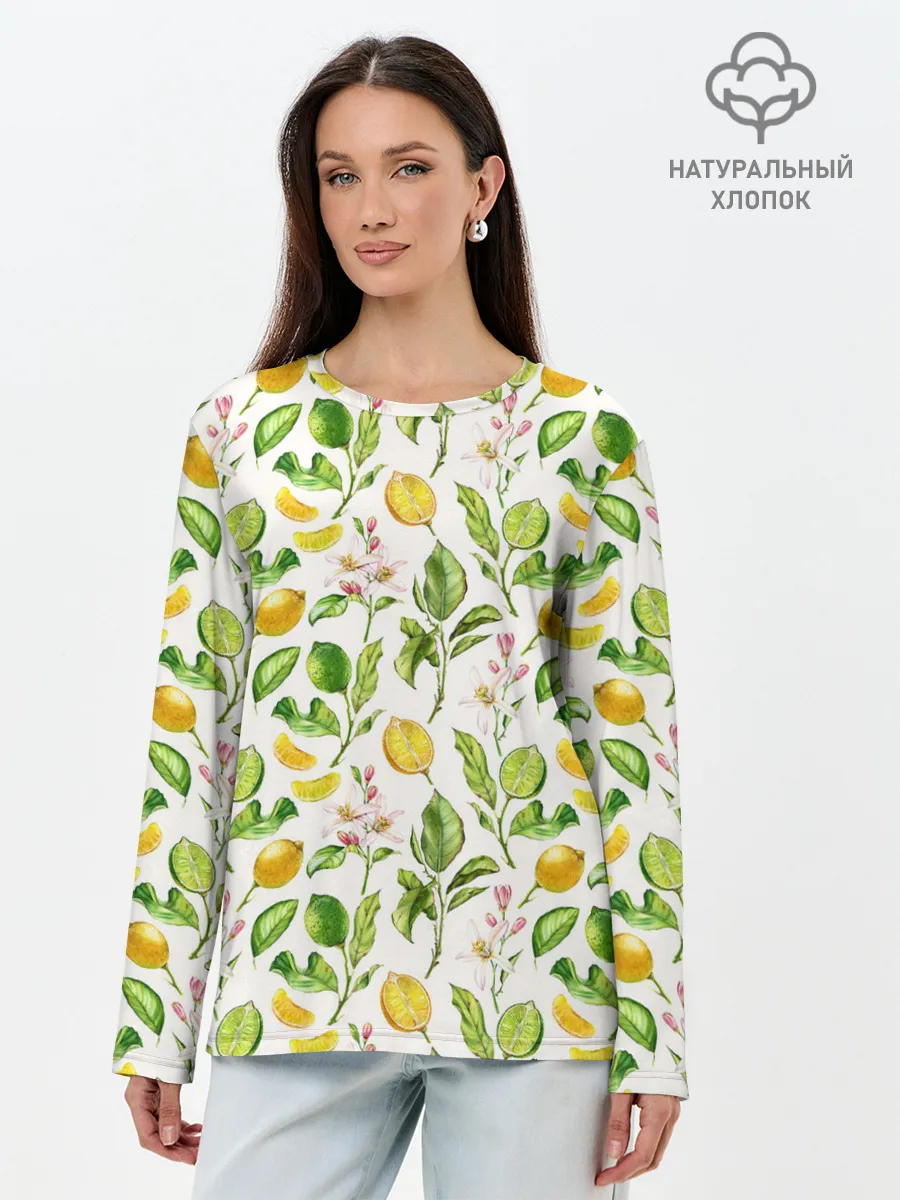 Лонгслив женский. Хлопок / Летний узор лимон ветки листья