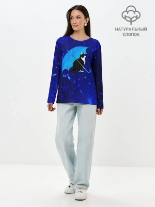 Лонгслив женский. Хлопок / Котик под Дождем