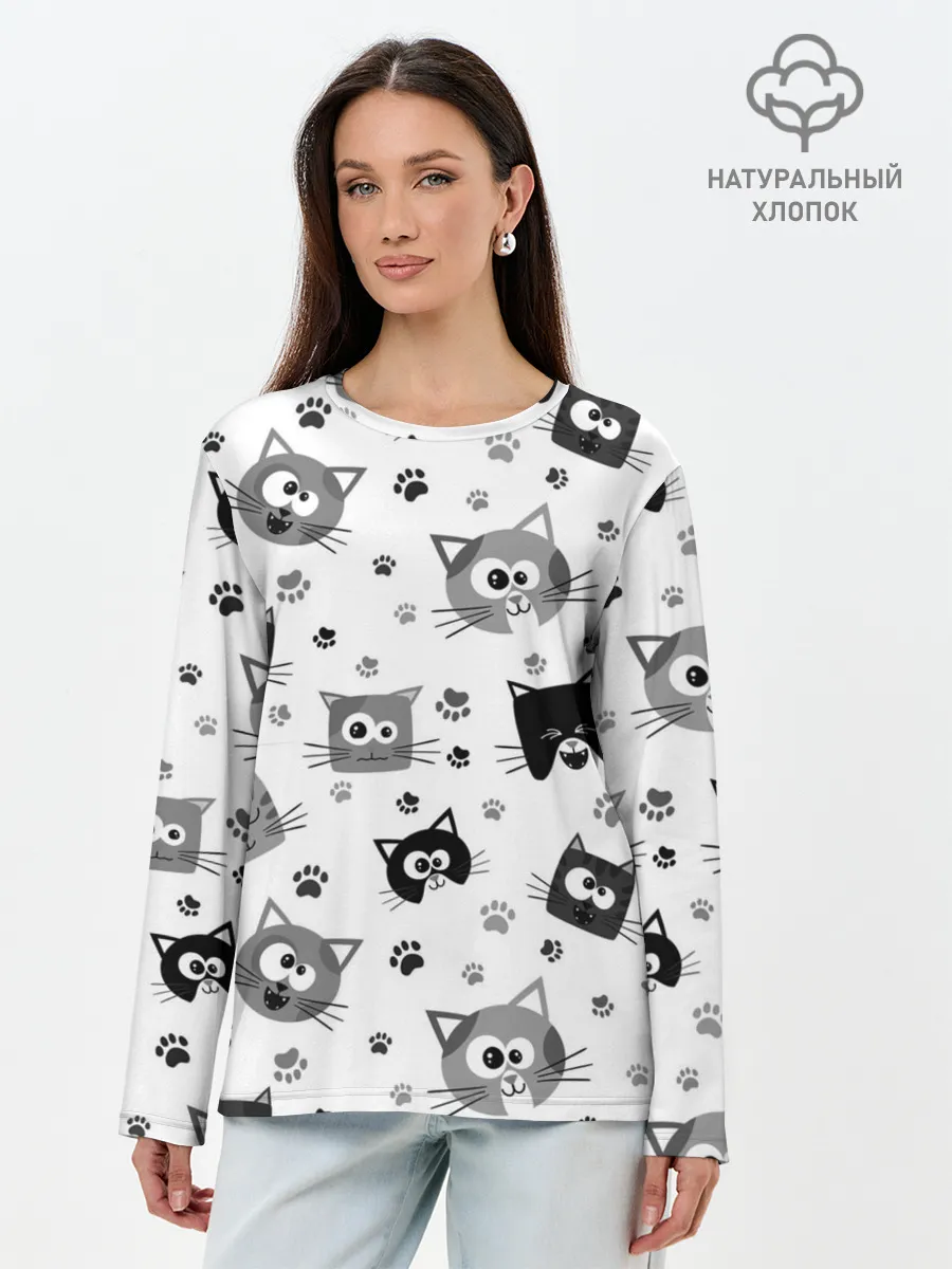 Лонгслив женский. Хлопок / Котики | ЧБ