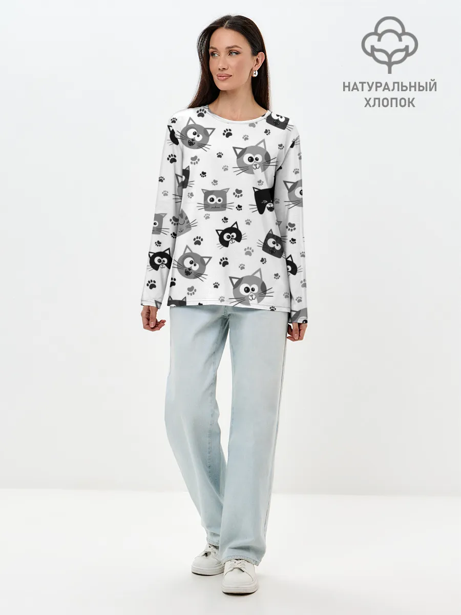 Лонгслив женский. Хлопок / Котики | ЧБ
