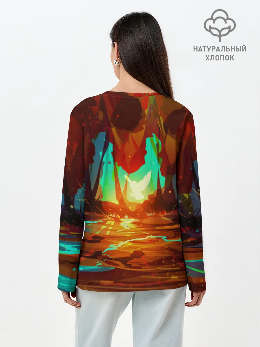 Лонгслив женский. Хлопок / Птица света в волшебном лесу