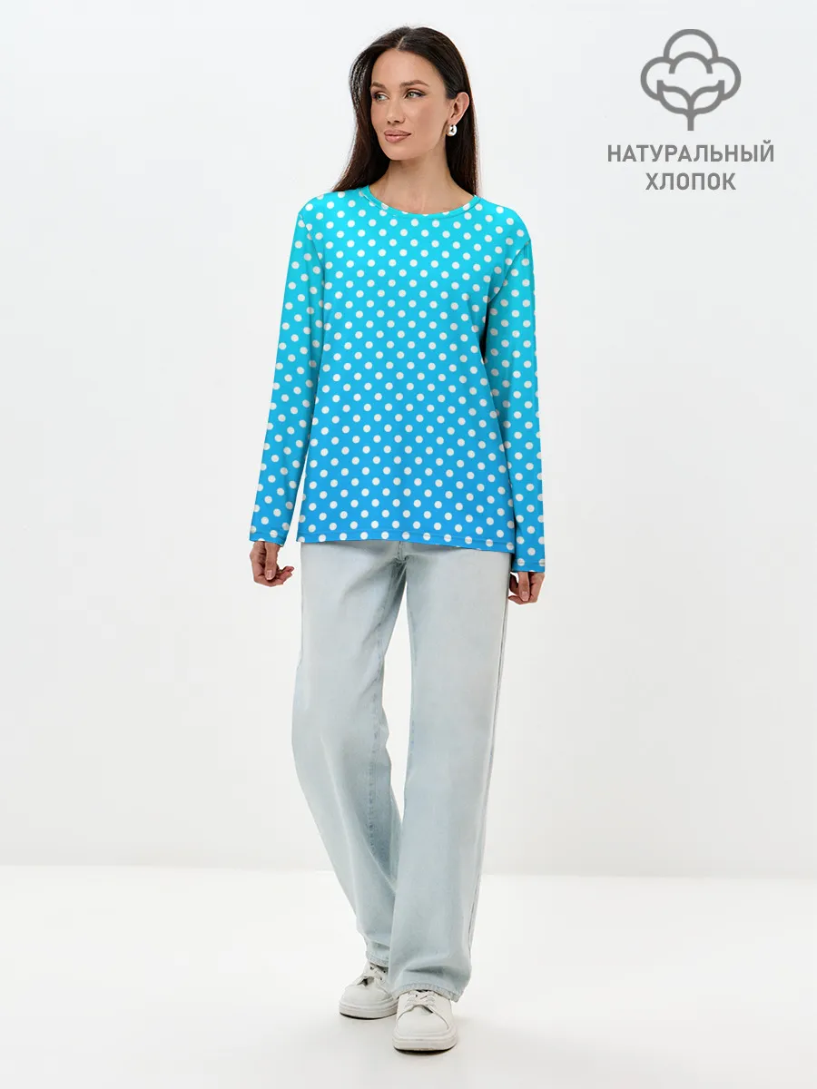 Лонгслив женский. Хлопок / Белые кружки