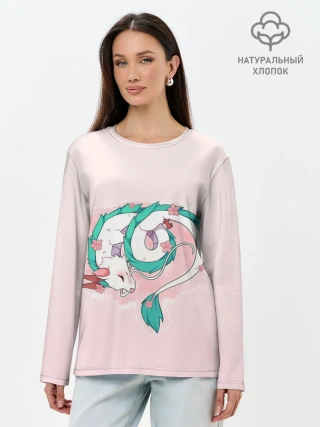 Лонгслив женский. Хлопок / Спящий дракон Хаку чиби цветы