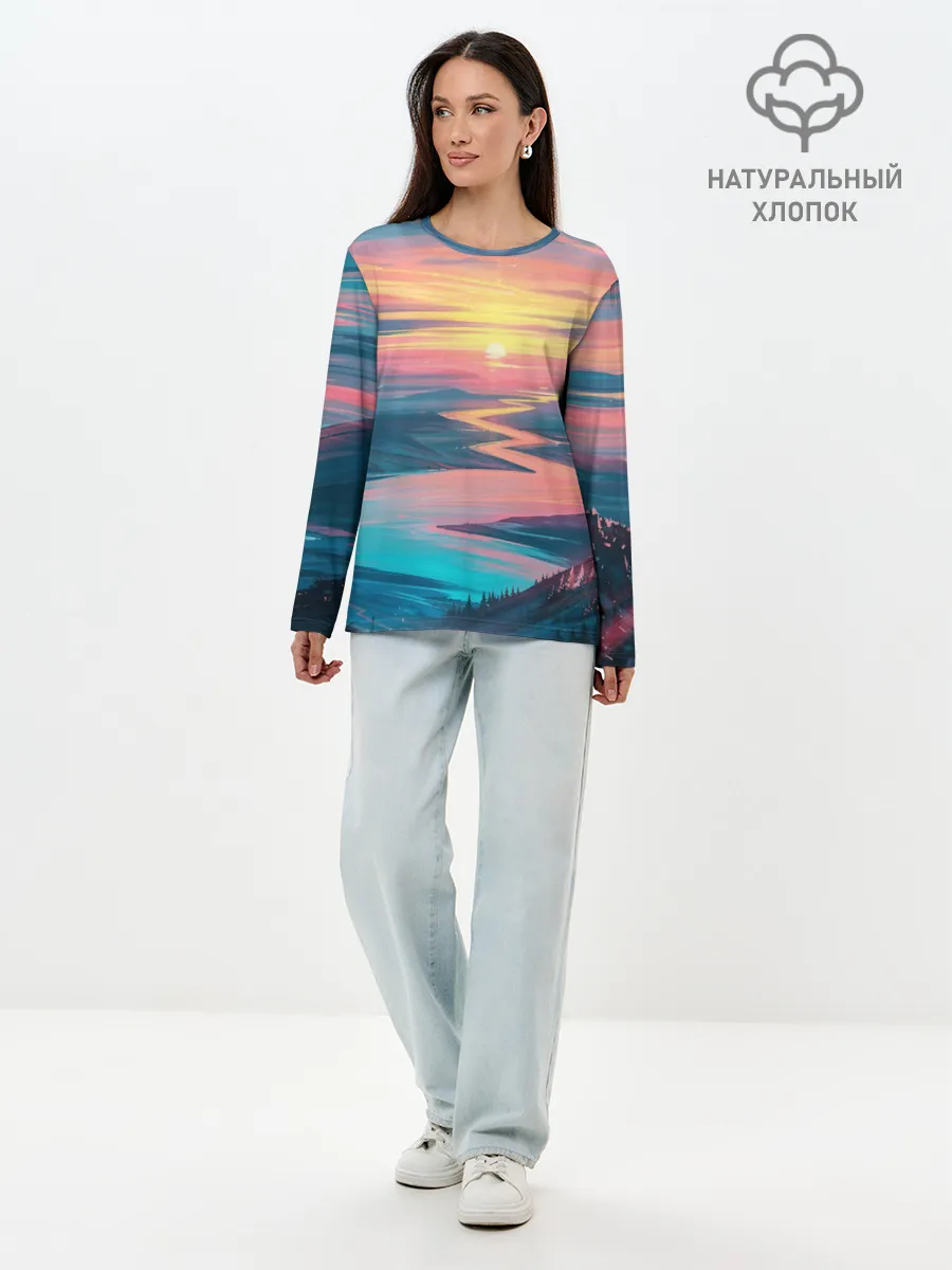 Лонгслив женский. Хлопок / Извилистая река закат природа