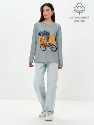 Лонгслив женский. Хлопок / Космический велосипедист