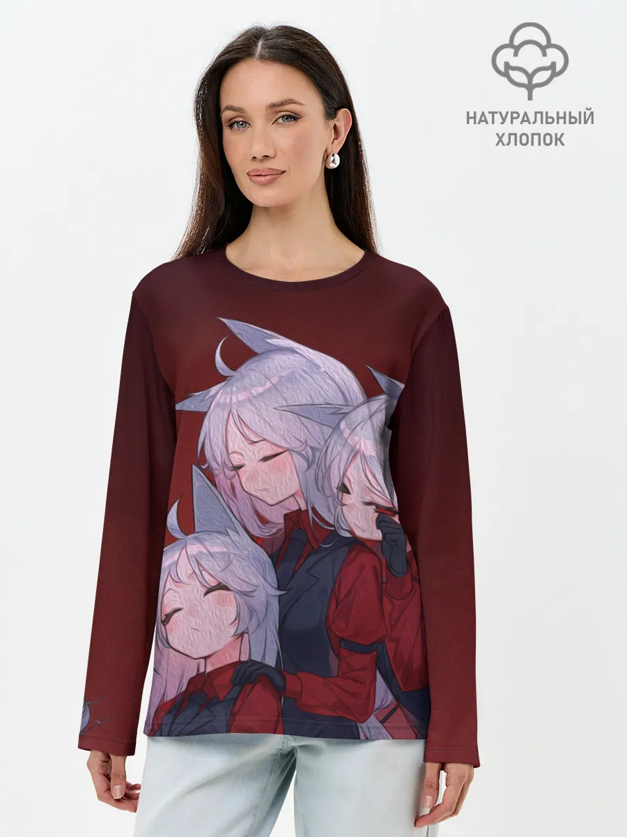 Лонгслив женский. Хлопок / Cerberus обнимаются втроем Helltaker