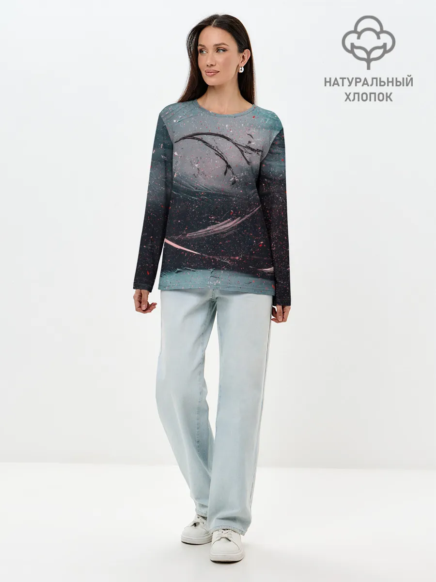 Лонгслив женский. Хлопок / Абстракция краска разводы кап