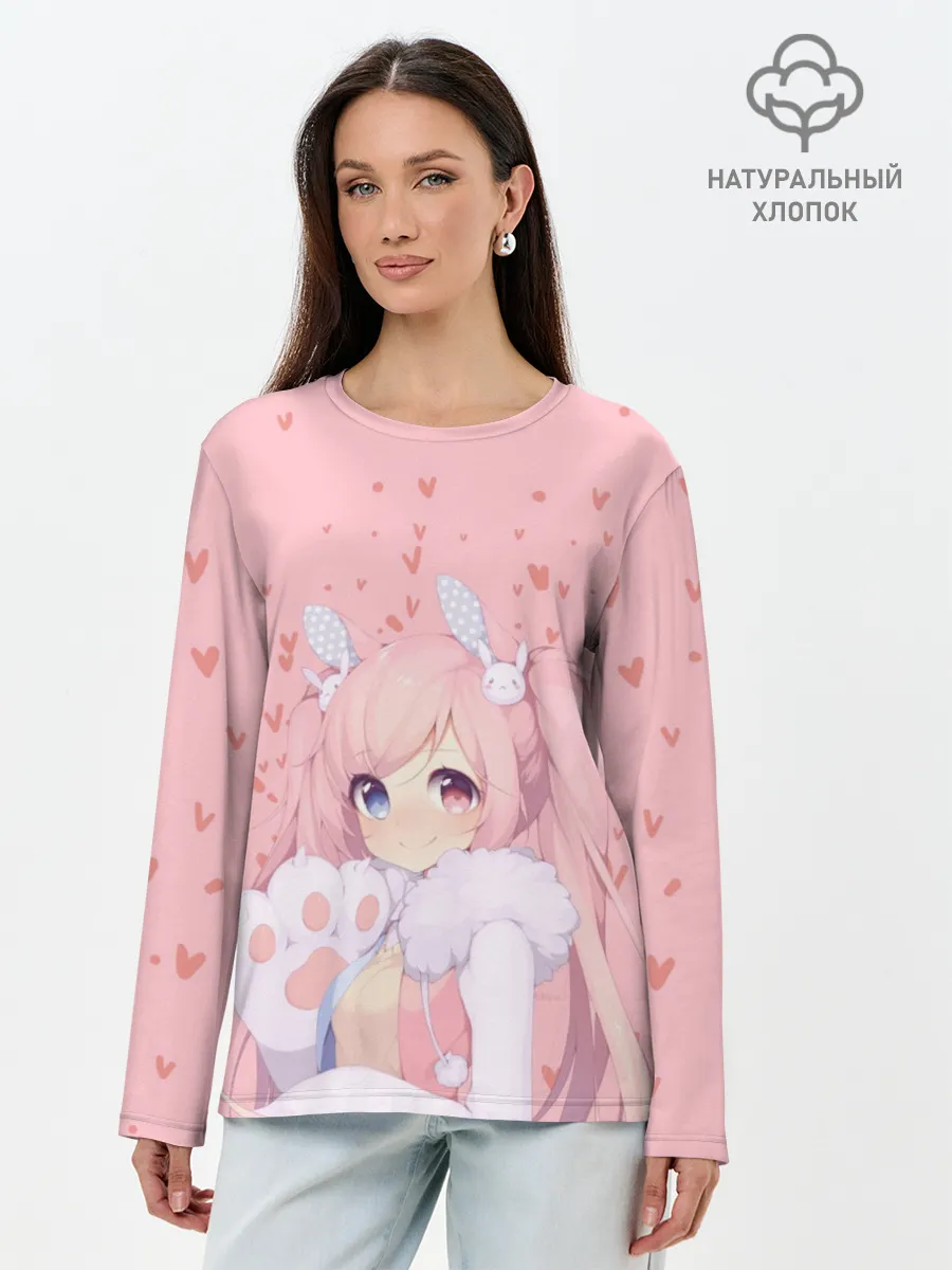 Лонгслив женский. Хлопок / Catgirl pink