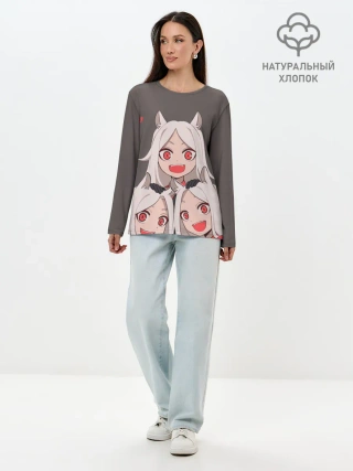 Лонгслив женский. Хлопок / Cerberus с сердечками Helltaker