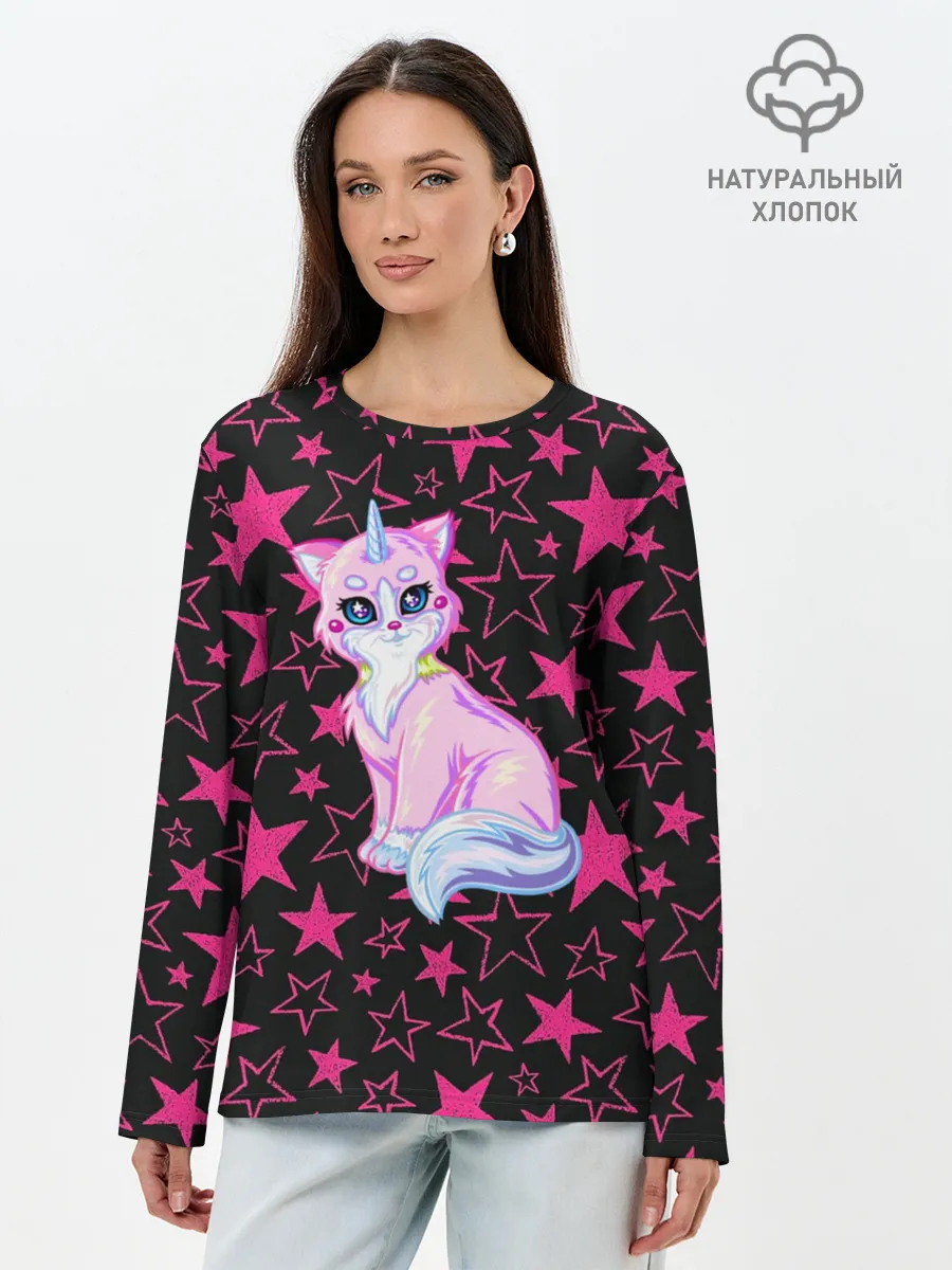 Лонгслив женский. Хлопок / Cat Unicorn | Кот Единорог