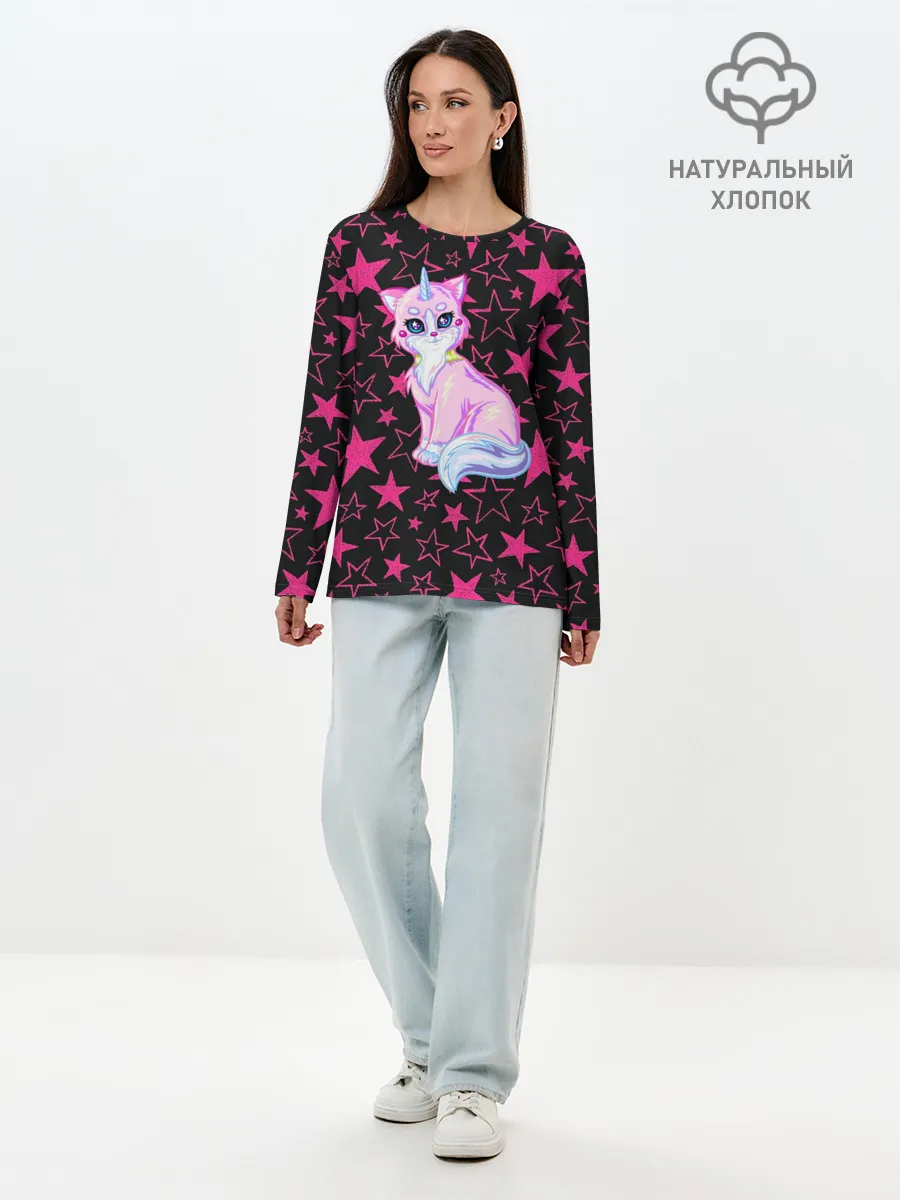 Лонгслив женский. Хлопок / Cat Unicorn | Кот Единорог