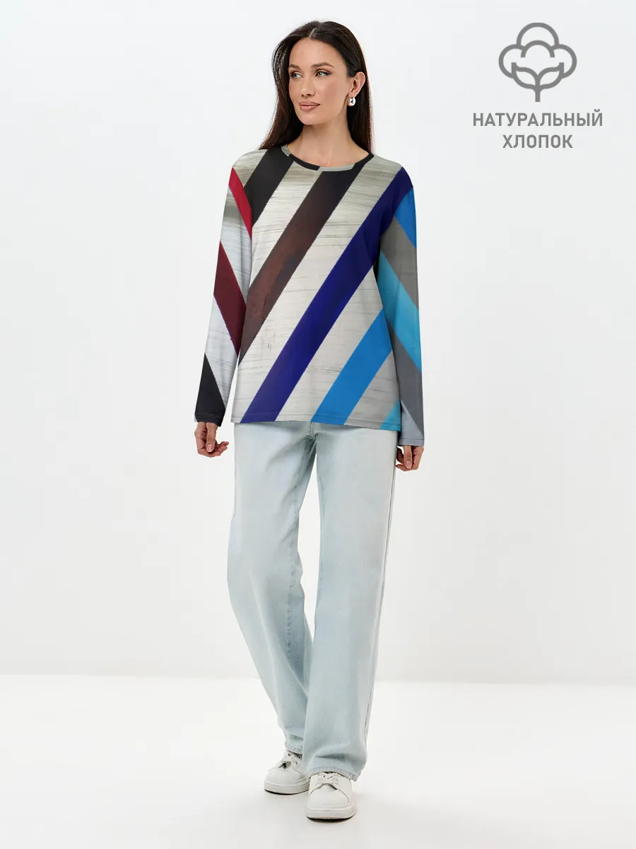 Лонгслив женский. Хлопок / Косые линии полосы крупные