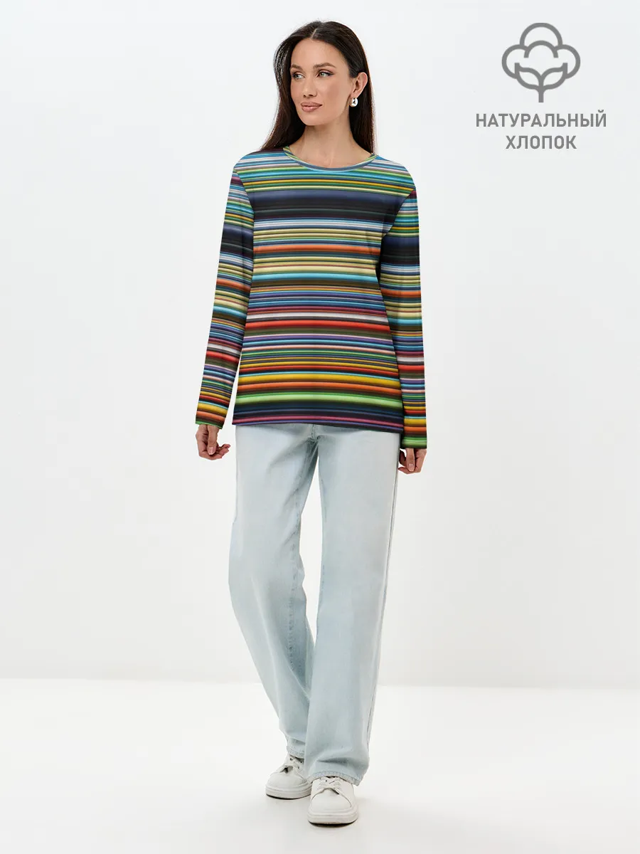 Лонгслив женский. Хлопок / РАзноцыетные линии полосы хаос