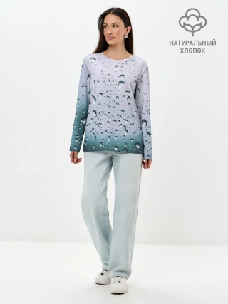 Лонгслив женский. Хлопок / Капли окно стекло дождь серо