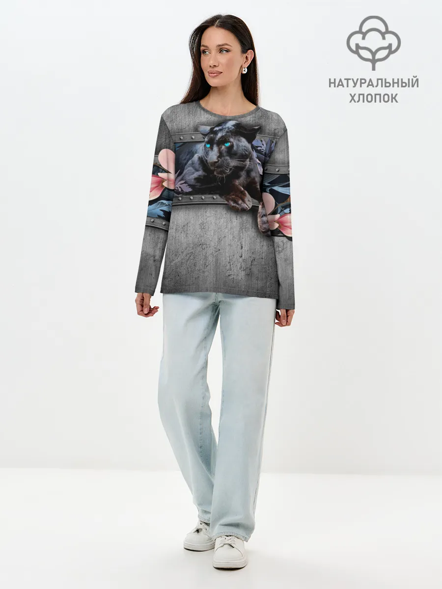 Лонгслив женский. Хлопок / Пантера и цветы