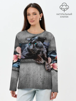 Лонгслив женский. Хлопок / Пантера и цветы