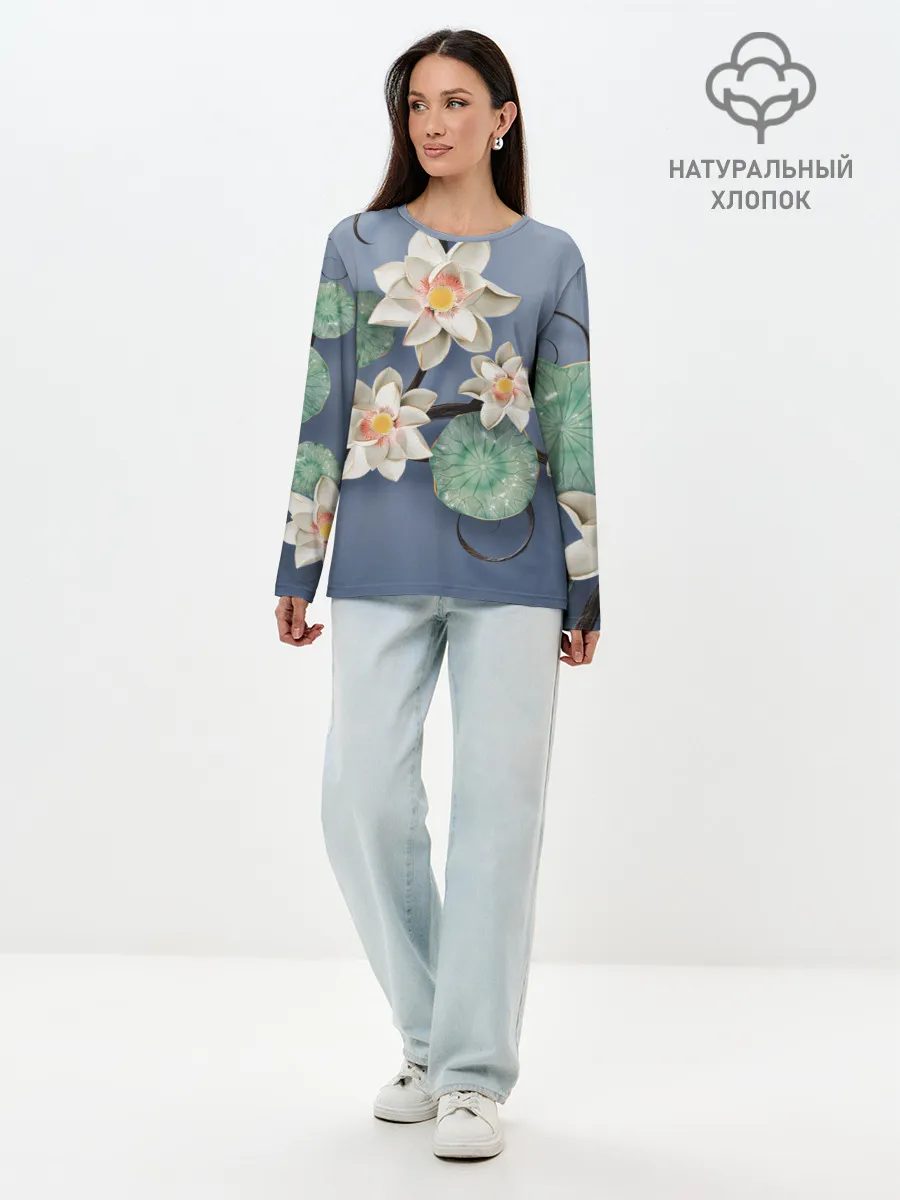 Лонгслив женский. Хлопок / 3D стеклянные цветы
