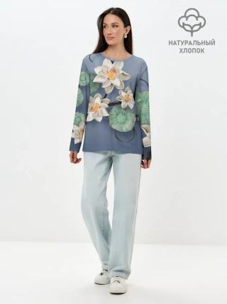 Лонгслив женский. Хлопок / 3D стеклянные цветы