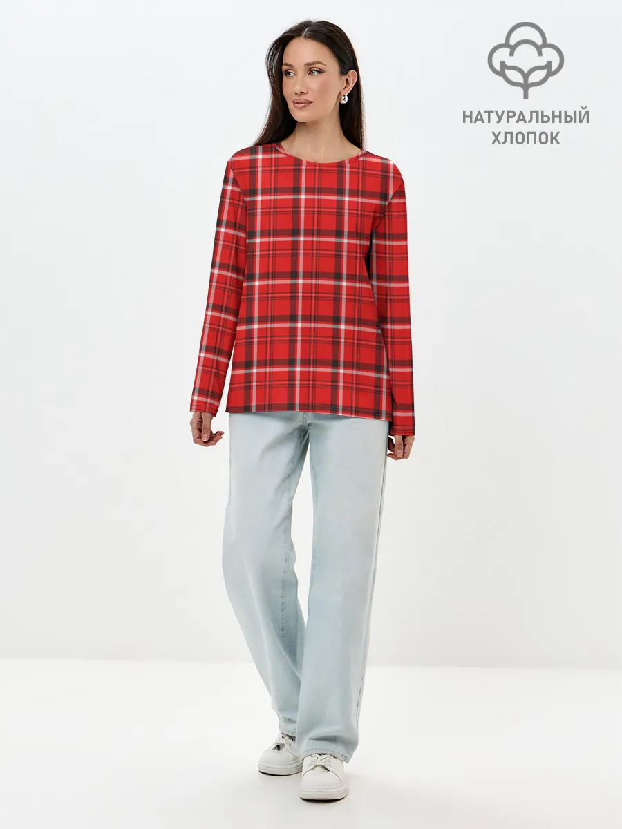 Лонгслив женский. Хлопок / Красная клеточка
