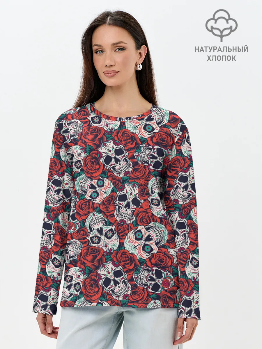 Лонгслив женский. Хлопок / Тату черепа и розы