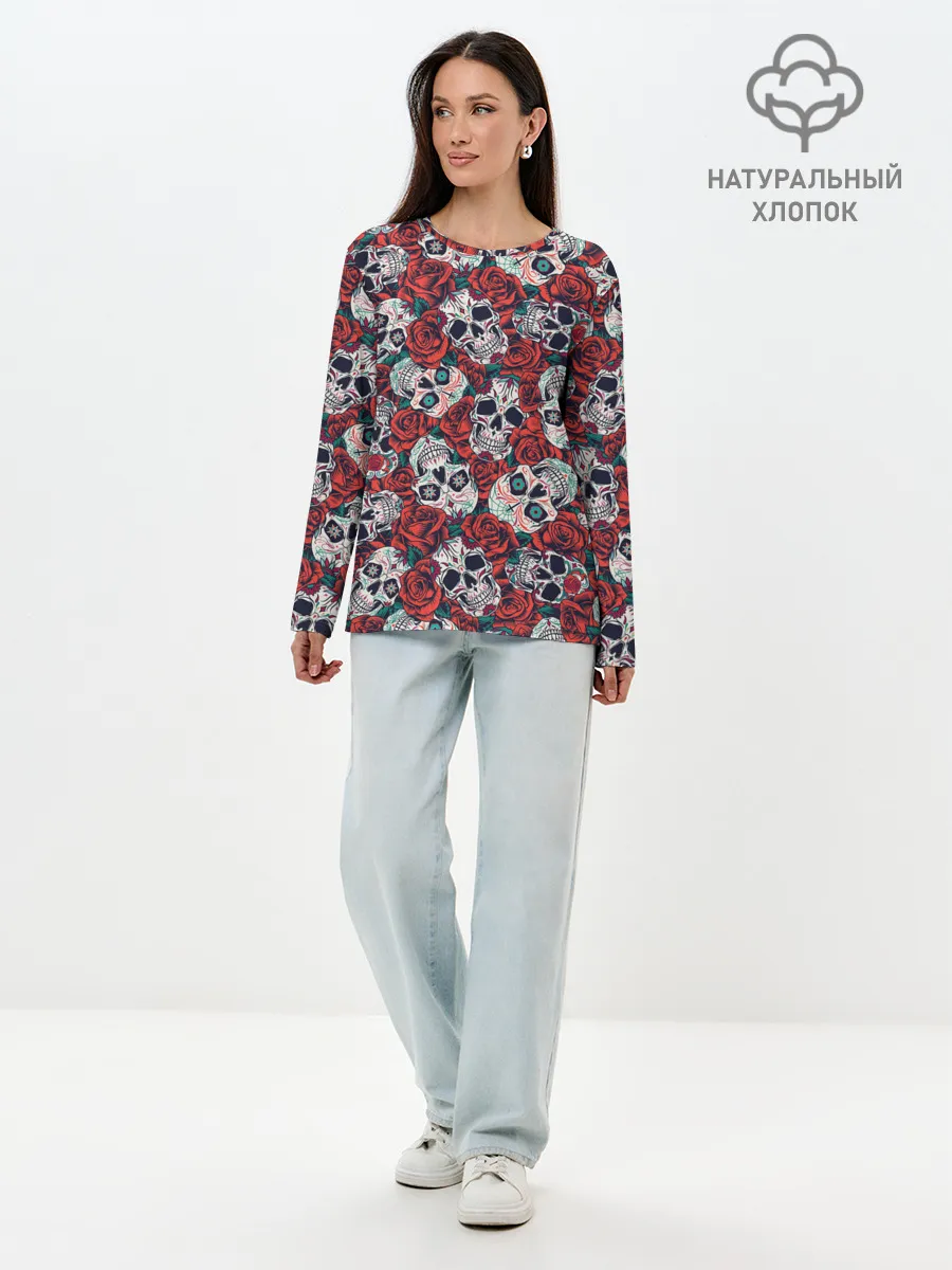 Лонгслив женский. Хлопок / Тату черепа и розы
