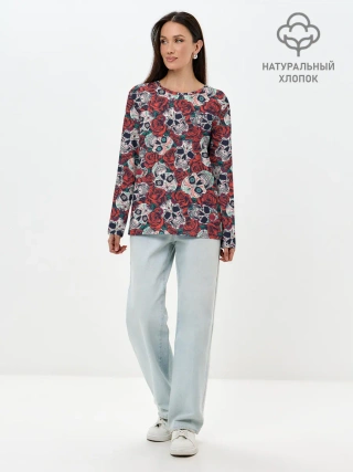 Лонгслив женский. Хлопок / Тату черепа и розы