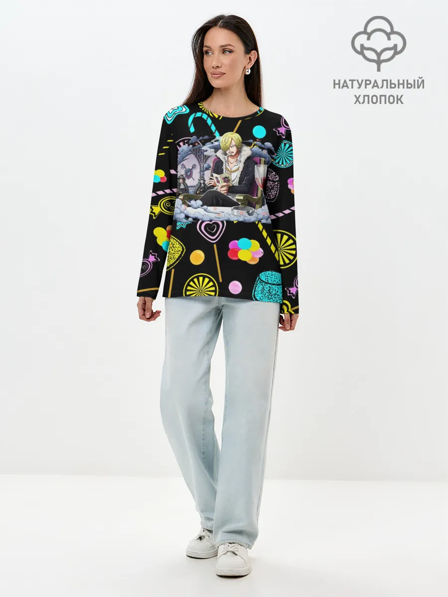 Лонгслив женский. Хлопок / Винсмок Санджи. Фон со сладостями