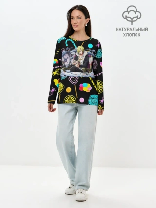 Лонгслив женский. Хлопок / Винсмок Санджи. Фон со сладостями