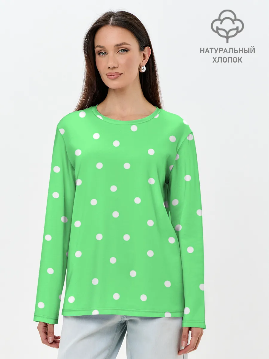 Лонгслив женский. Хлопок / Горошек на зеленом
