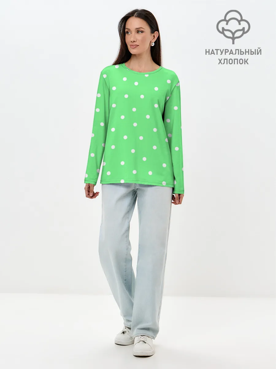 Лонгслив женский. Хлопок / Горошек на зеленом