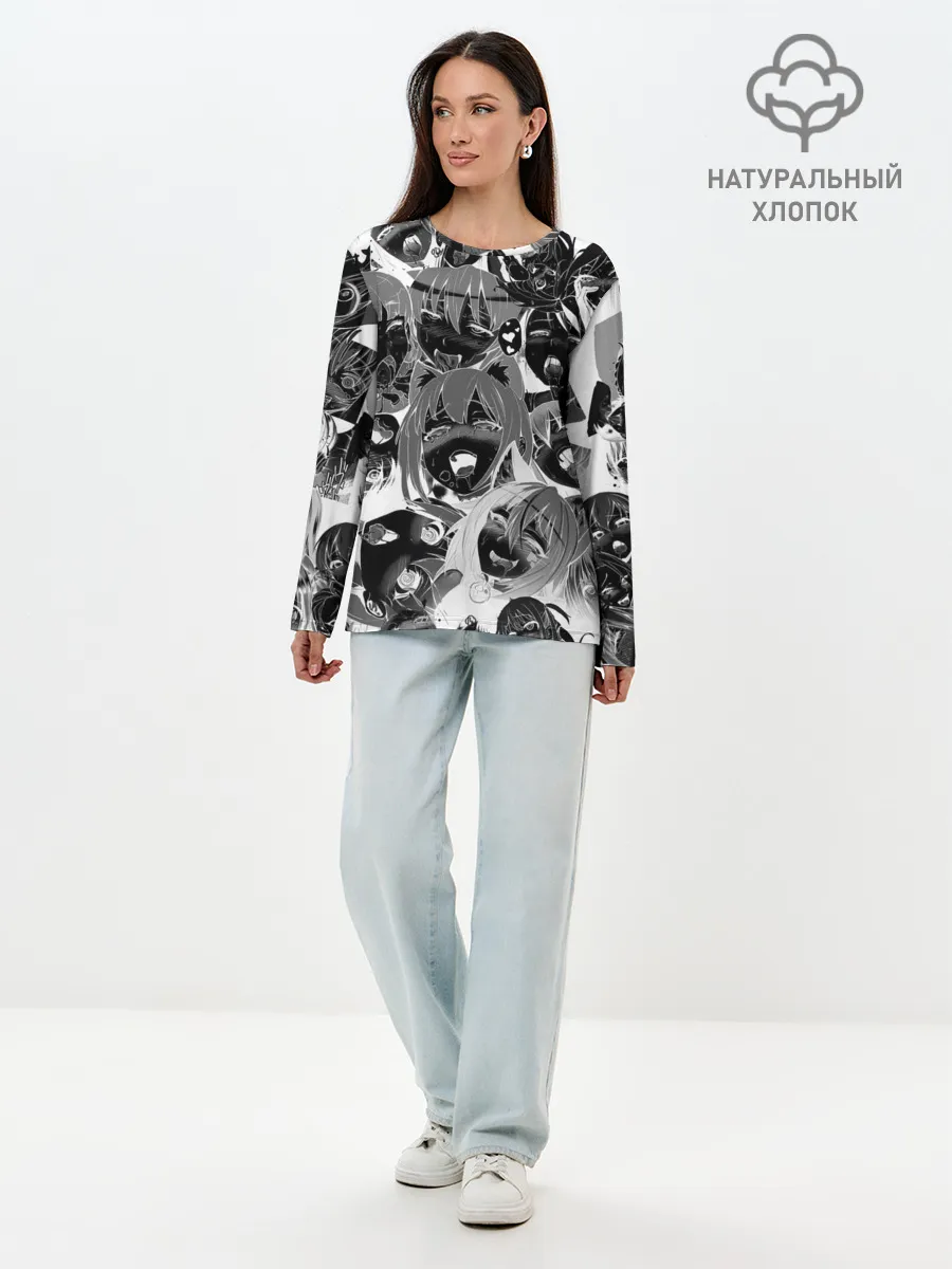 Лонгслив женский. Хлопок / Ахегао паттерн черный