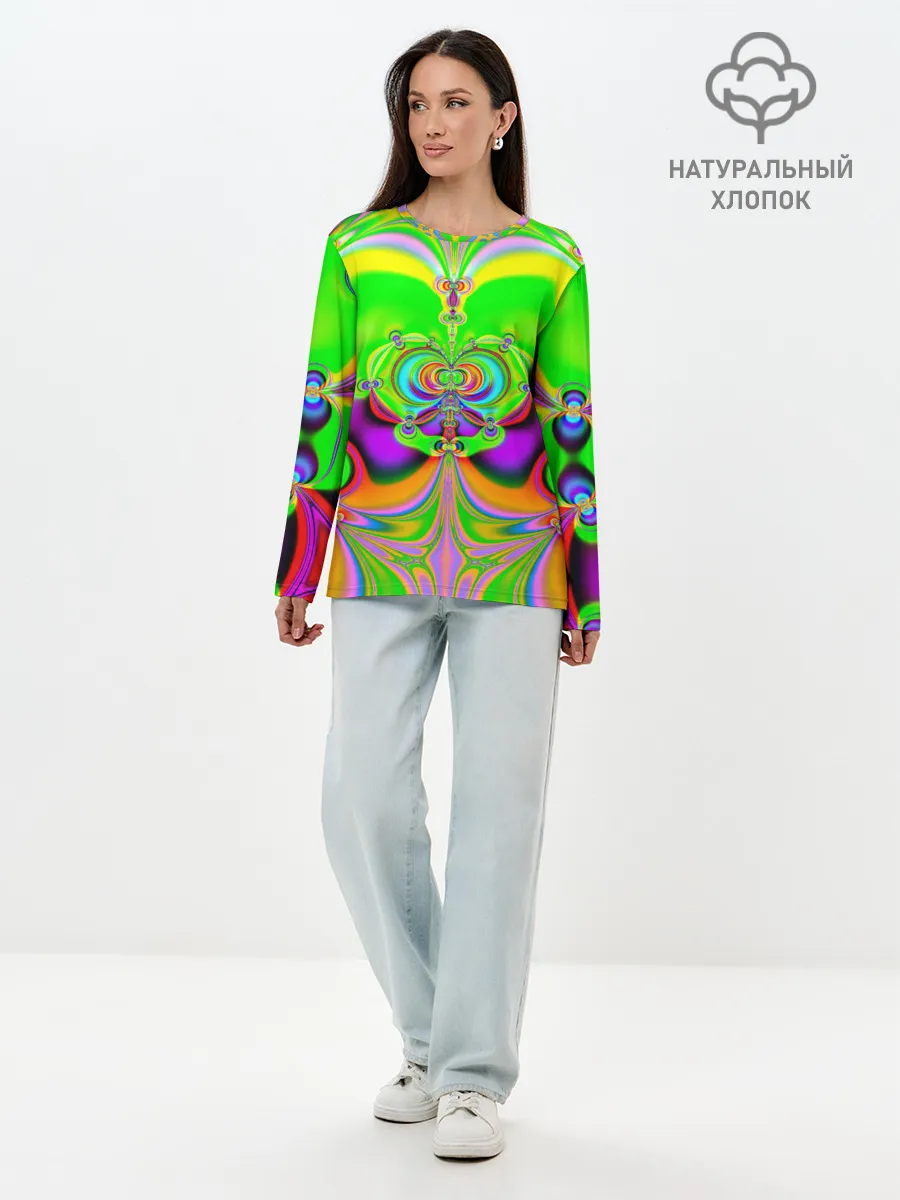 Лонгслив женский. Хлопок / КИСЛОТНЫЙ ФРАКТАЛ ГЕОМЕТРИЯ
