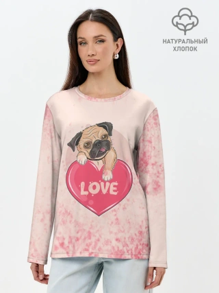 Лонгслив женский. Хлопок / Love Pug | Люблю мопса