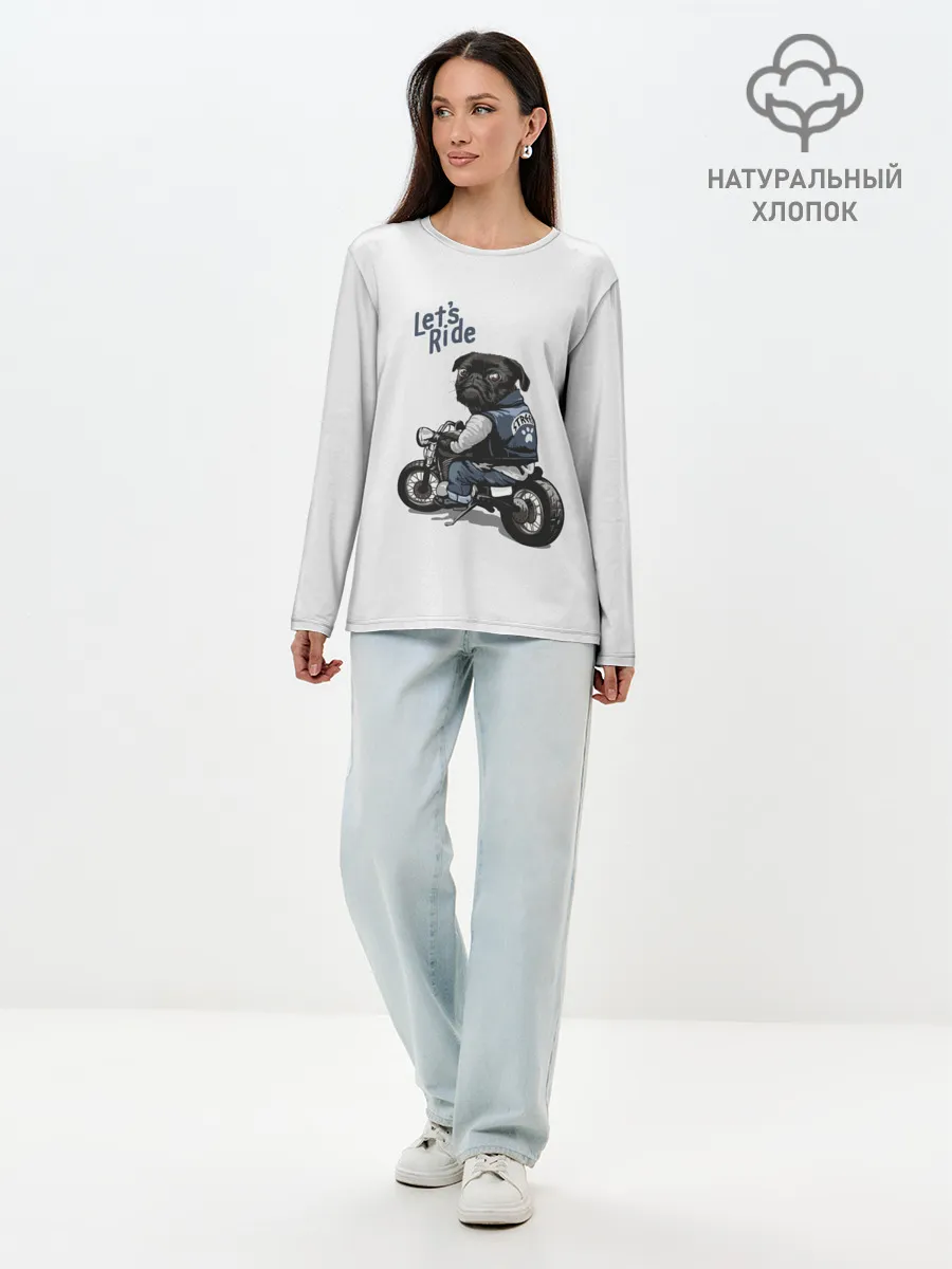 Лонгслив женский. Хлопок / Pug Rider | Байкер Мопс