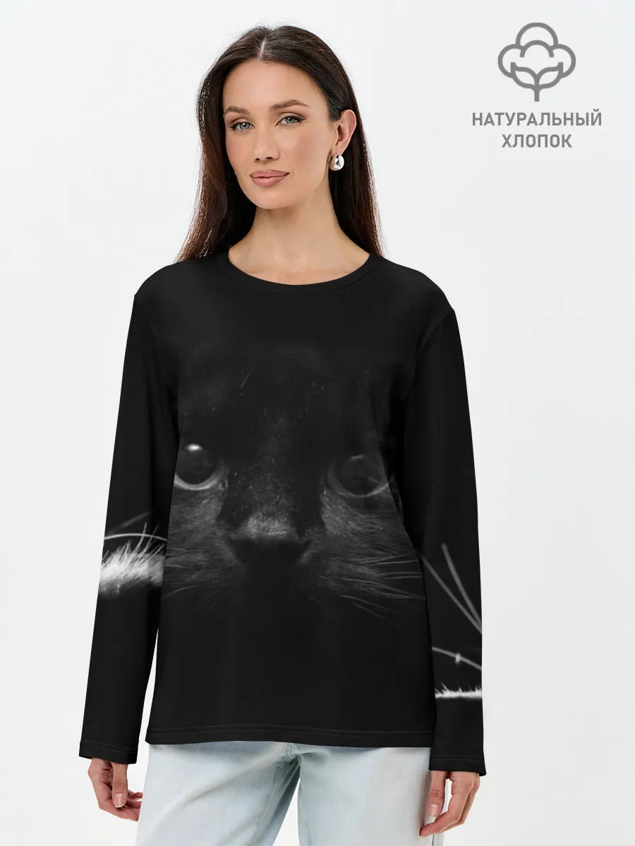 Лонгслив женский. Хлопок / Чёрный кот