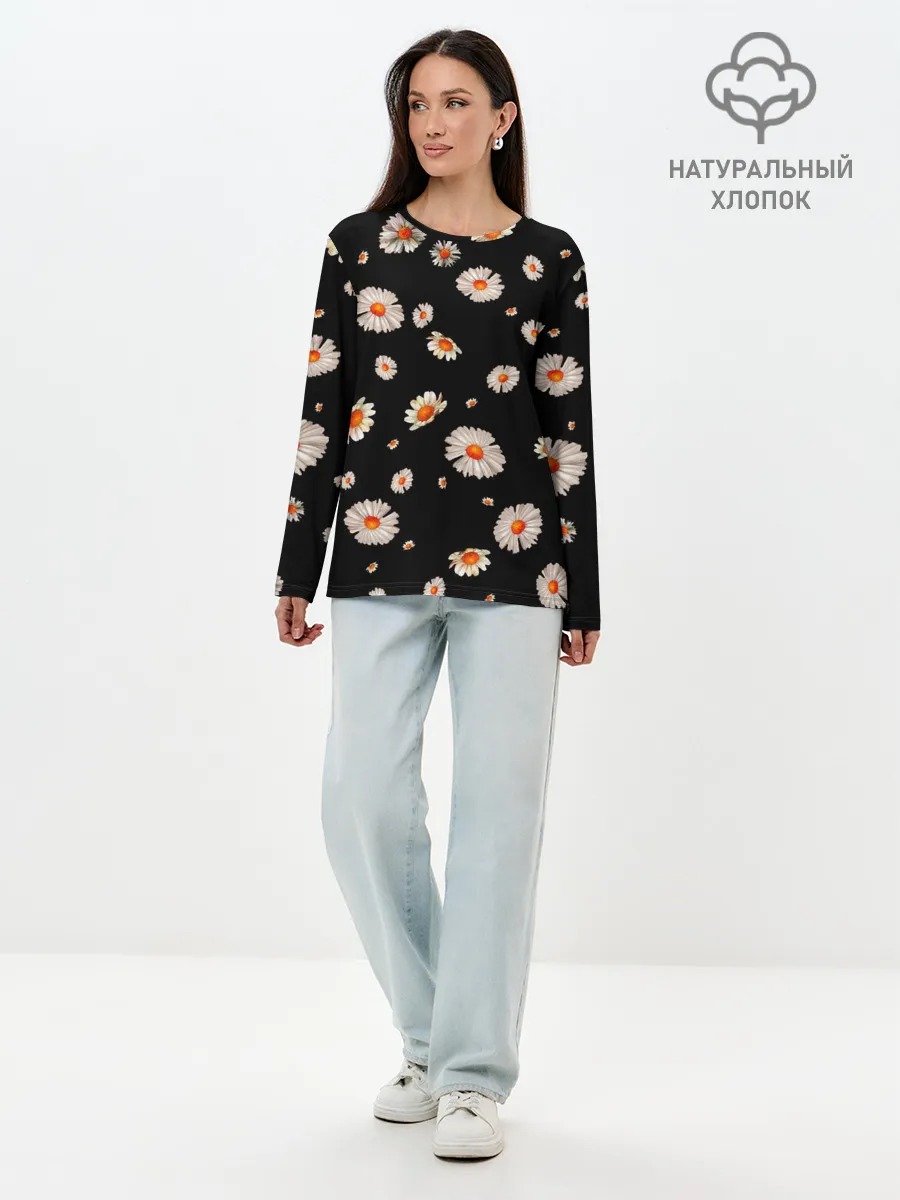 Лонгслив женский. Хлопок / Ромашки в ночи