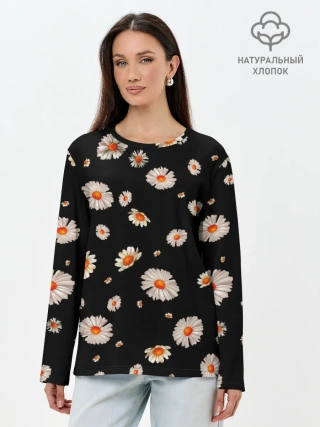 Лонгслив женский. Хлопок / Ромашки в ночи