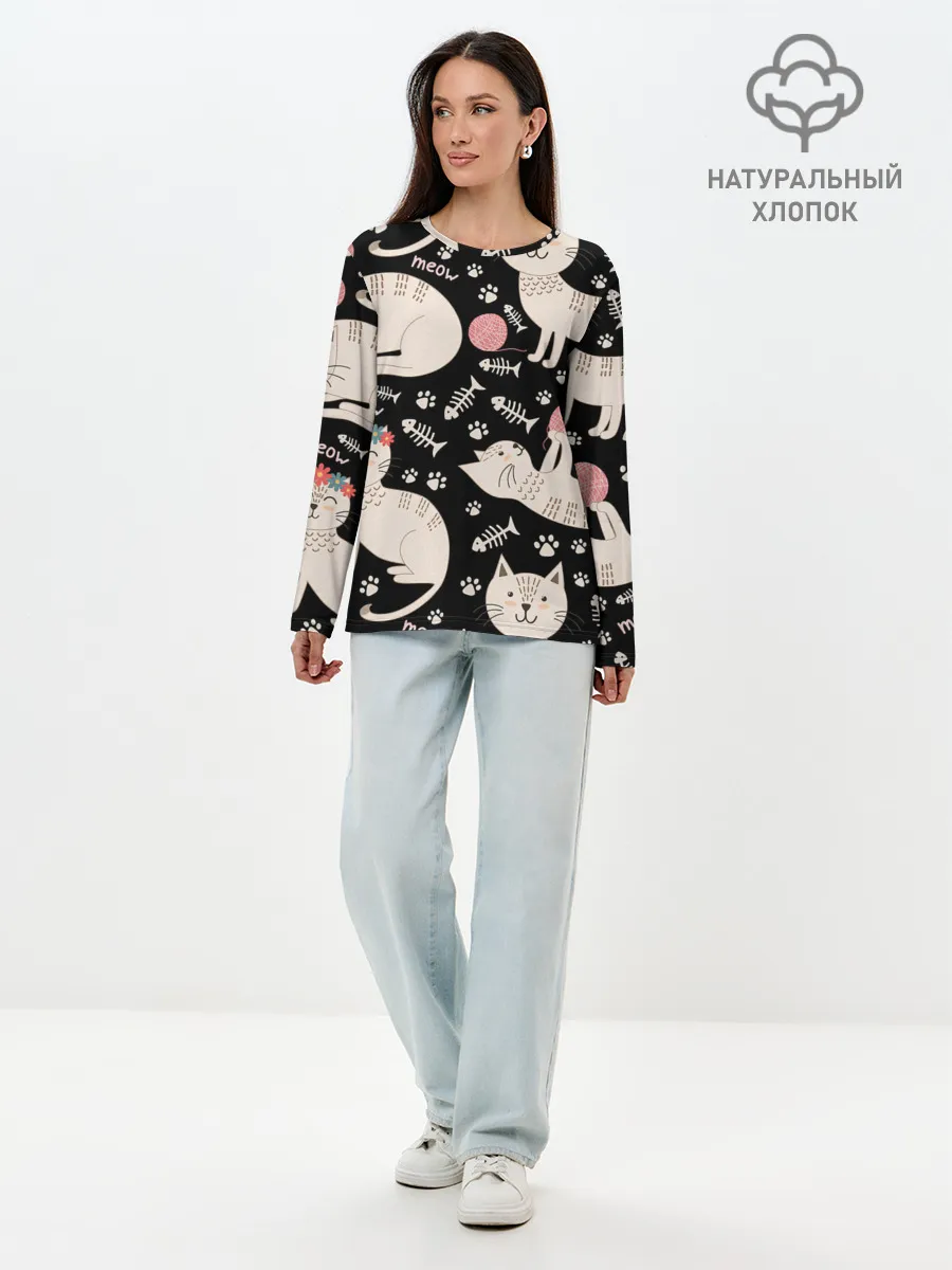 Лонгслив женский. Хлопок / Милые кошечки