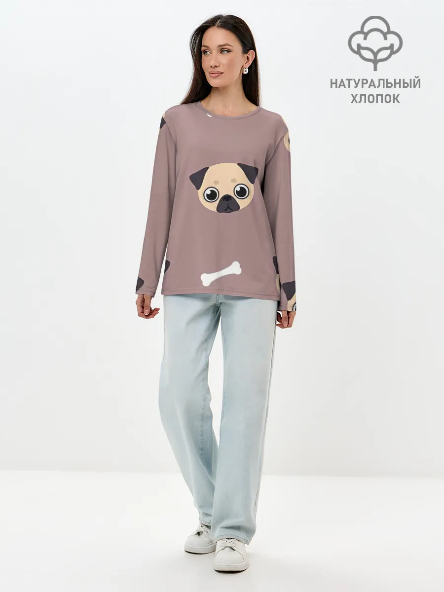 Лонгслив женский. Хлопок / Мопсины мордашки