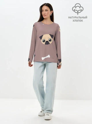 Лонгслив женский. Хлопок / Мопсины мордашки