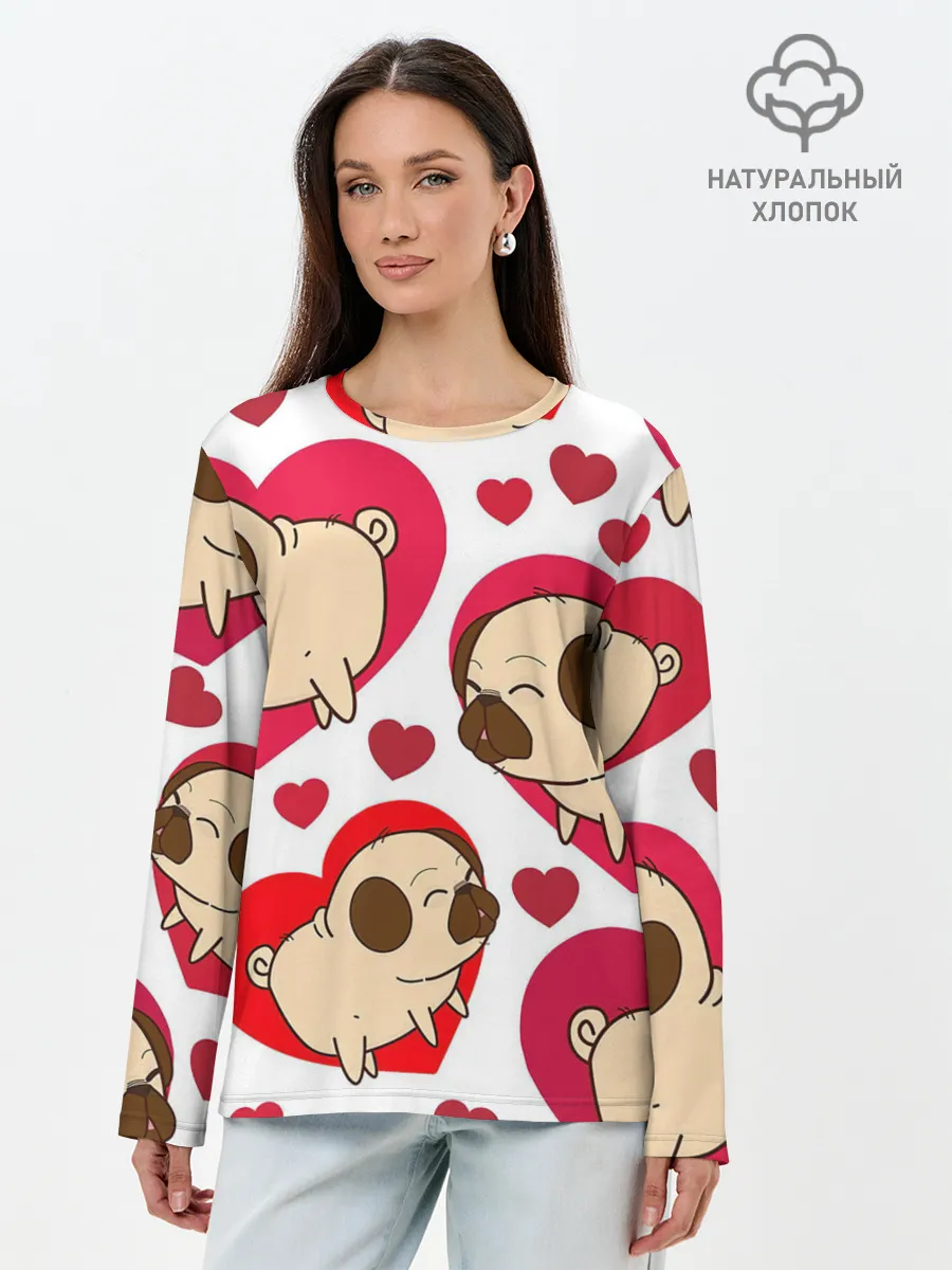 Лонгслив женский. Хлопок / Мопсики