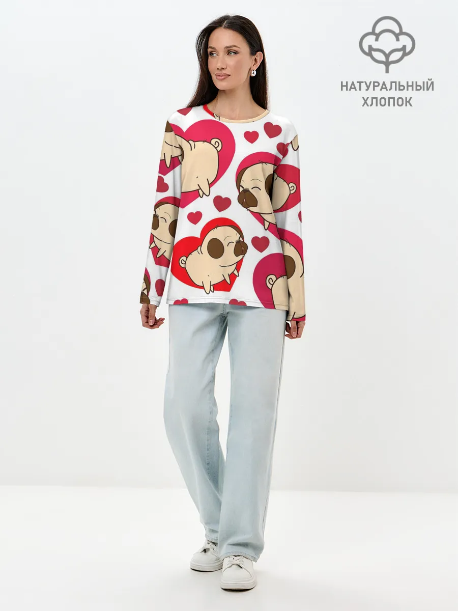 Лонгслив женский. Хлопок / Мопсики