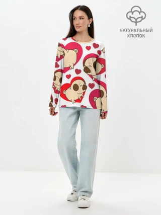 Лонгслив женский. Хлопок / Мопсики