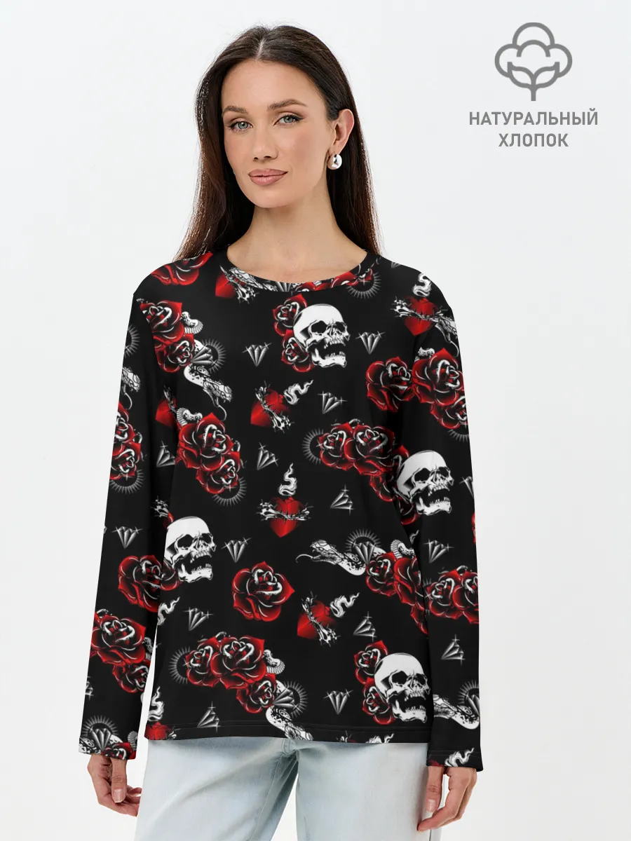 Лонгслив женский. Хлопок / Черепа и розы